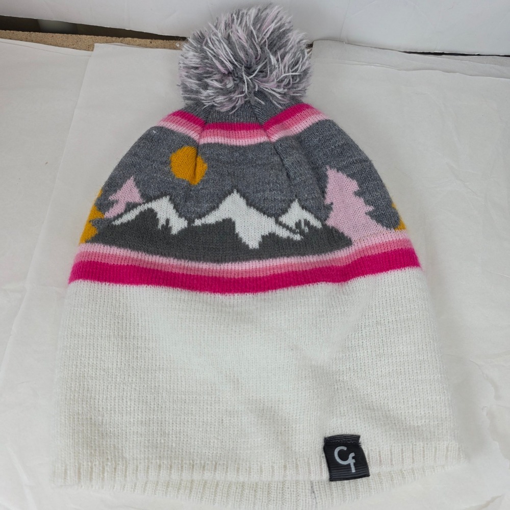 CF ski winter Mountain Landscape Knit Pom Beanie Hat White Grey Pink OSFM